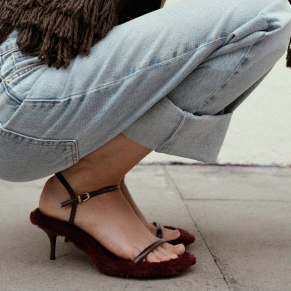 Stylish Brown Fuzzy Heeled Sandals